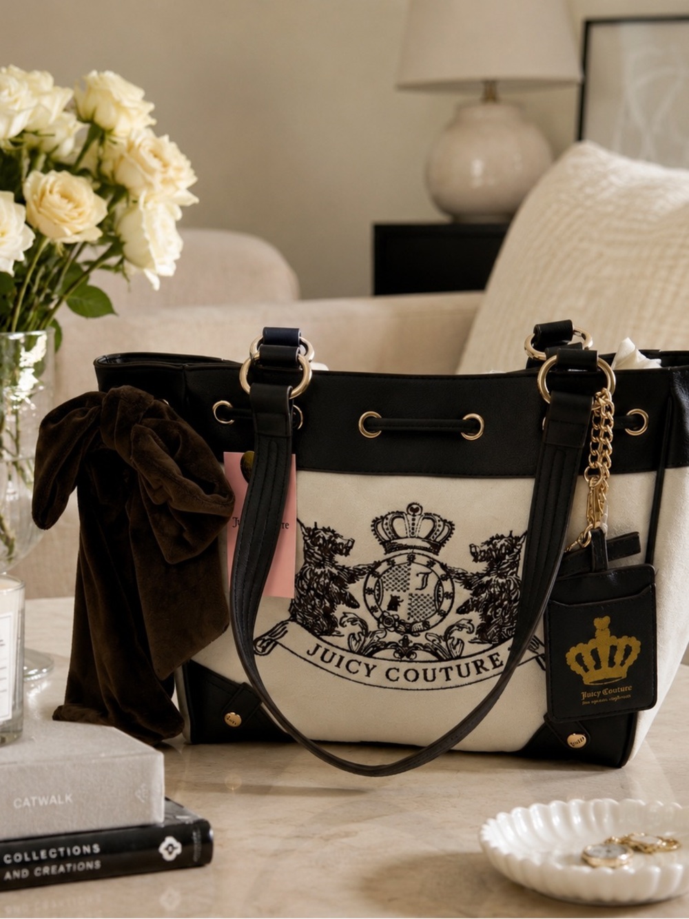 NWT Juicy Couture Cream Velour Tote Bag Brown Bow Charm Y2K
